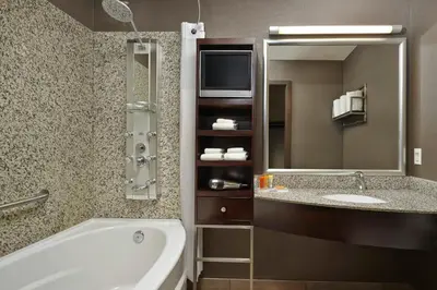 a bathroom with a tub and a sink and a mirror at Acclaim Hotel by CLIQUE in Calgary
