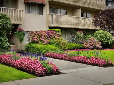 a garden of flowers in front of a building at Royal Scot Hotel & Suites in Victoria