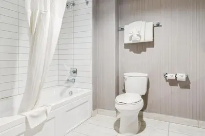 a white bathroom with a toilet and a tub and a sink at Radisson Hotel & Conference Centre Edmonton in Edmonton