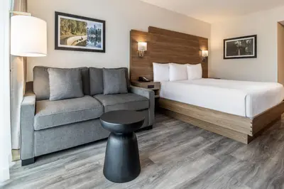 a hotel room with a bed and a couch at Atrium Hotel Vancouver in Vancouver