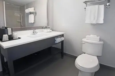 a bathroom with a white toilet and a sink at Holiday Inn Express and Suites Calgary by IHG in Calgary
