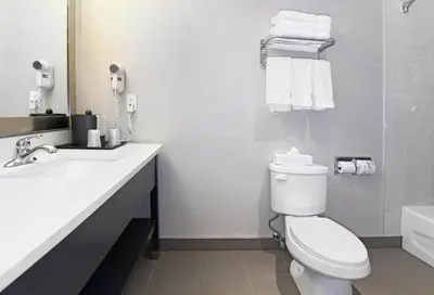 a bathroom with a toilet and a sink and a mirror at Holiday Inn Express and Suites Calgary by IHG in Calgary