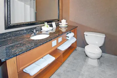 a bathroom with a sink and a toilet and a mirror at Holiday Inn Express Calgary South by IHG in Calgary