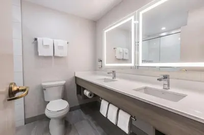 a bathroom with a toilet and a sink and a mirror at Holiday Inn Express Calgary South by IHG in Calgary