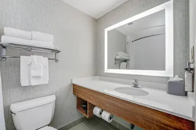 a bathroom with a sink and a toilet and a mirror at Holiday Inn Express Hotel & Suites-Edmonton South by IHG in Edmonton