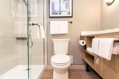a bathroom with a toilet and a shower at Sandman Suites Vancouver on Davie in Vancouver