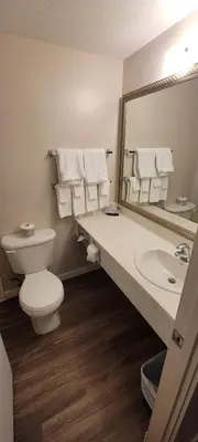 a bathroom with a toilet and a sink and a mirror at Recreation Inn and Suites Kelowna in Kelowna