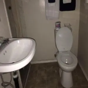 a bathroom with a white toilet and a sink at Bluebird Motel in Port Alberni