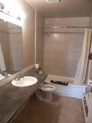 a bathroom with a sink and a toilet and a tub at Alaskan Motel in Fox Creek