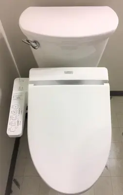 a white toilet in a bathroom with a remote control at Bed & Breakfast Monarch in Canmore