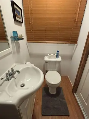 a bathroom with a white toilet and a sink at Bed & Breakfast Monarch in Canmore
