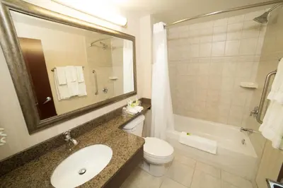 a bathroom with a sink and a toilet and a tub at Holiday Inn Express & Suites Whitecourt by IHG in Whitecourt
