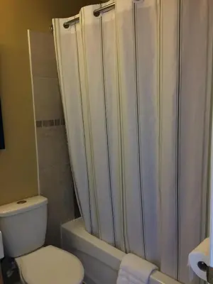a bathroom with a toilet and a shower curtain at Sun Plaza Motel in Sundre