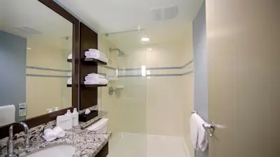 a bathroom with a shower and a sink and a mirror at Aava Whistler Hotel in Whistler