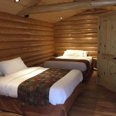 two beds in a room with wooden walls at Port Hardy Cabins in Port Hardy