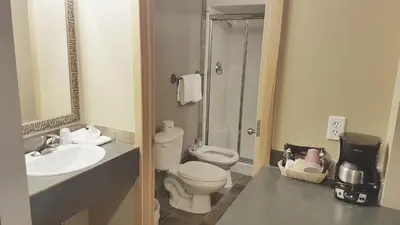 a bathroom with a toilet and a sink and a shower at Rundle Mountain Lodge in Canmore