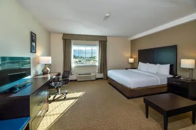 a hotel room with a bed and a desk at Comfort Inn & Suites in Terrace