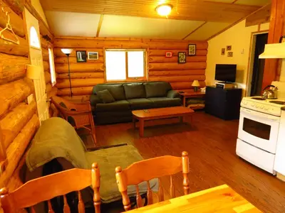 a living room with a couch and a stove at Cedar Haven Cabins and Resort in Clearwater