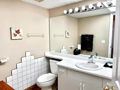 a bathroom with a toilet and a sink and a mirror at Peachland Beach Resort in Peachland