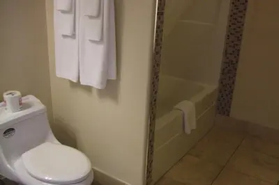 a bathroom with a white toilet and a shower at Trailside Inn in Lloydminster