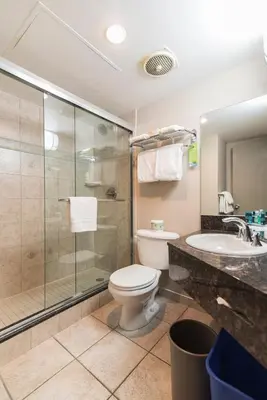 a bathroom with a toilet and a shower and a sink at Charltons Banff in Banff