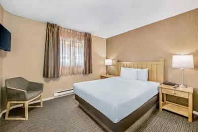 a bedroom with a large white bed and a chair at Econo Lodge Inn & Suites in North Vancouver