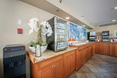 a kitchen with a refrigerator with flowers on the counter at Econo Lodge Inn & Suites in North Vancouver