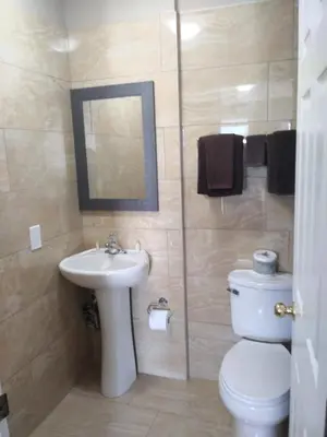 a bathroom with a sink and a toilet and a mirror at Aries Motel in Edson