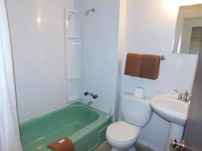 a bathroom with a green tub and a toilet and a sink at Timberland Hotel in Hinton