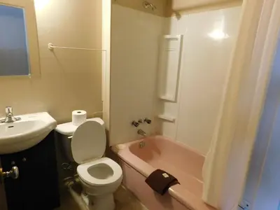 a bathroom with a sink and a toilet and a tub at Timberland Hotel in Hinton