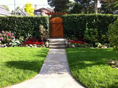 a garden path leading to a wooden door at Bay View House in Vancouver