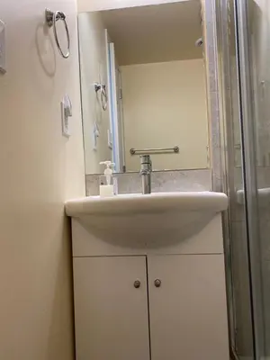 a bathroom with a sink and a shower at Richmond Vancouver Airport Comfy Home in Richmond
