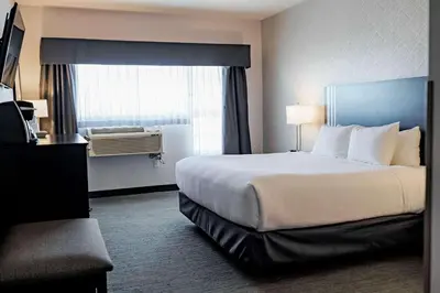 a hotel room with a large bed and a window at Park Inn by Radisson Edmonton Airport in Leduc