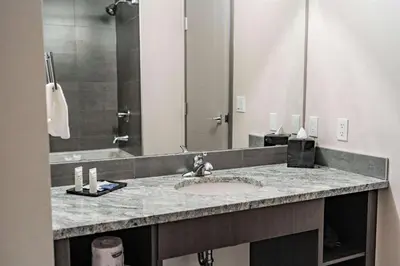 a bathroom counter with a sink and a mirror at Park Inn by Radisson Edmonton Airport in Leduc