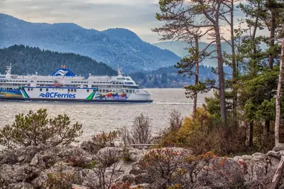 a large cruise ship on the water with mountains at Whytecliff Park place near ocean in West Vancouver