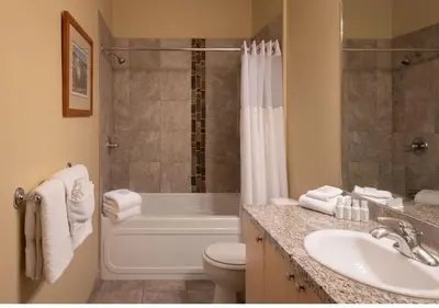 a bathroom with a tub and a toilet and a sink at The Cove Lakeside Resort in West Kelowna