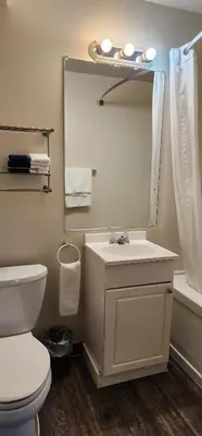 a bathroom with a toilet and a sink and a mirror at Meares Vista Inn in Tofino