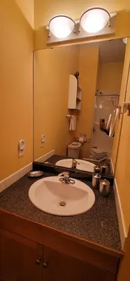 a bathroom with a sink and a large mirror at Vacation Homes by The Bulldog- Berker's Suite A in Silver Star