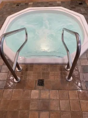 a jacuzzi tub with two metal bars in a bathroom at Sea to Sky Hotel and Conference Centre in Squamish
