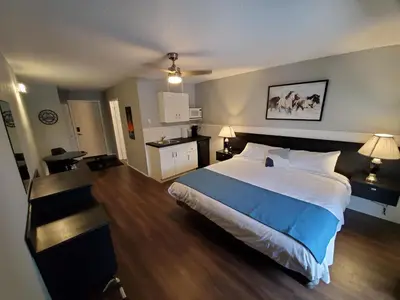 a large bedroom with a large bed and a kitchen at Celadon Lodge in Radium Hot Springs