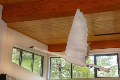 a paper bird hanging from the ceiling of a house at The Perch at Moon Dance in Garden Bay