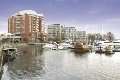 a group of boats docked in a marina with tall buildings at Coast Victoria Hotel & Marina by APA in Victoria