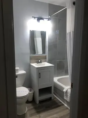 a bathroom with a sink and a toilet and a tub at Bavarian Orchard Motel in Creston