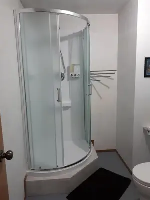 a glass shower in a bathroom with a toilet at Wettstone Guest Ranch in Bridge Lake