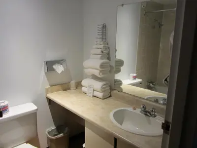 a bathroom with a sink and a mirror and towels at Moby Dick Inn in Prince Rupert