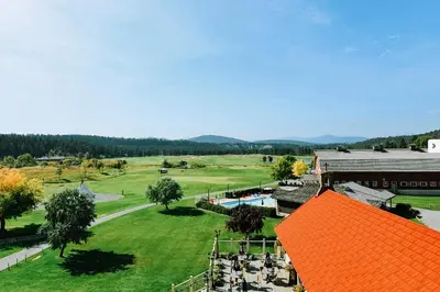 an overhead view of a resort with an orange roof at St. Eugene Golf Resort & Casino in Cranbrook