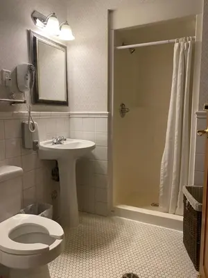 a bathroom with a toilet and a sink and a shower at Kingston Hotel in Vancouver