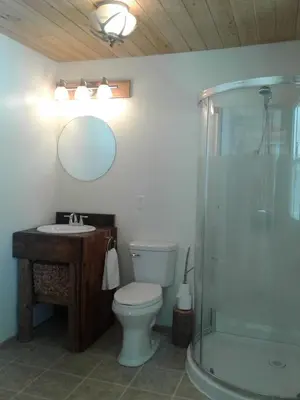a bathroom with a toilet and a sink and a shower at Eagle Bear Lodge in Tatla Lake