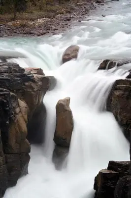 a waterfall in the woods with rocks in the water at Sunwapta Falls Rocky Mountain Lodge in Jasper