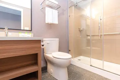 a bathroom with a toilet and a shower and a sink at Sandman Hotel Victoria in Victoria